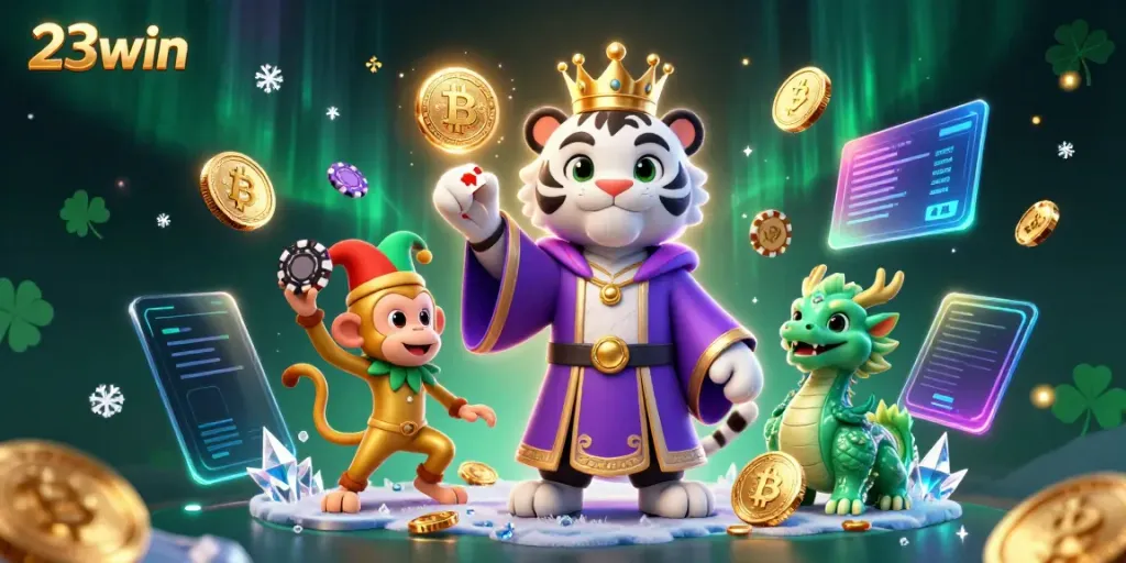 Experience vibrant 23win gaming with a whimsical royal tiger, playful monkey, and jade dragon amidst vivid casino-themed elements.