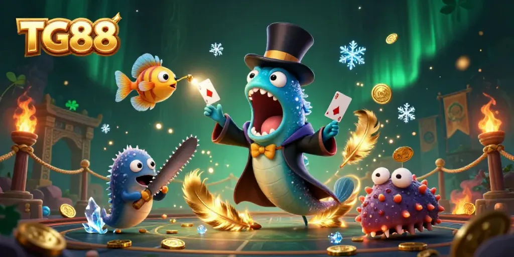 TG88 showcases a 3D bioluminescent eel performing card tricks in a vibrant casino-themed scene.