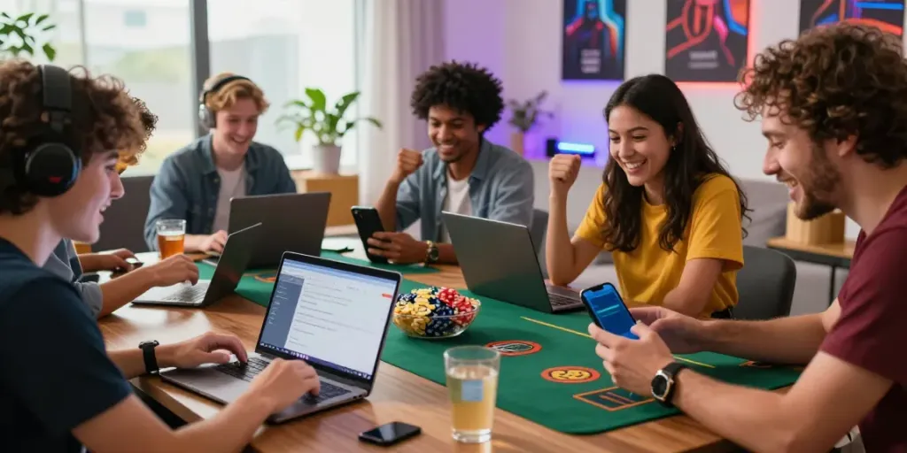Teman-teman menikmati game online di Pohon4D, dengan suasana ceria dan modern.