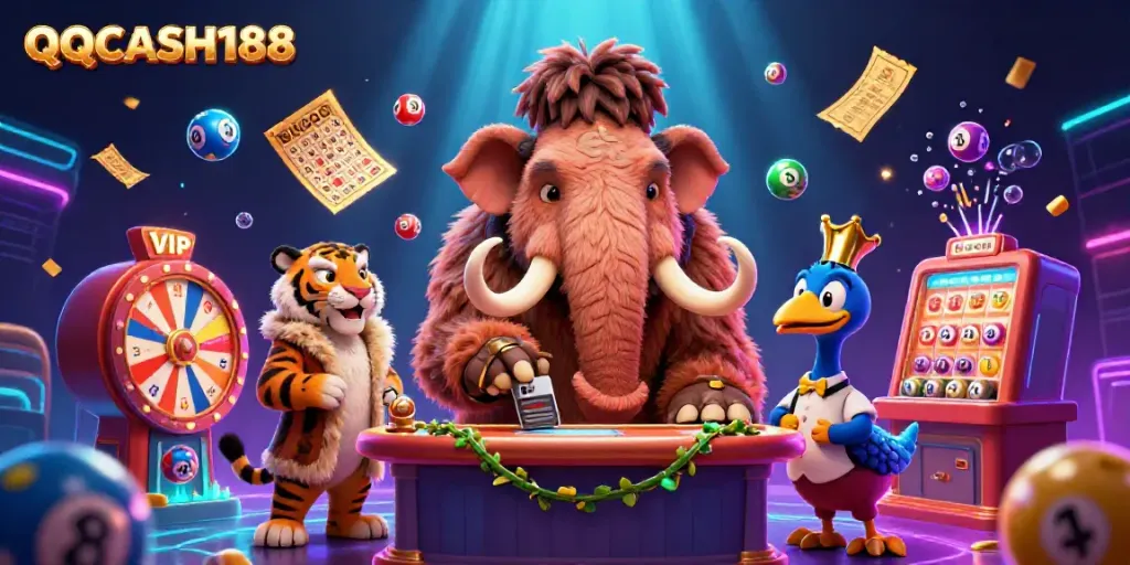 Experience the lively gaming atmosphere at QQCASH188 with a vibrant mammoth bouncer and dynamic game elements.