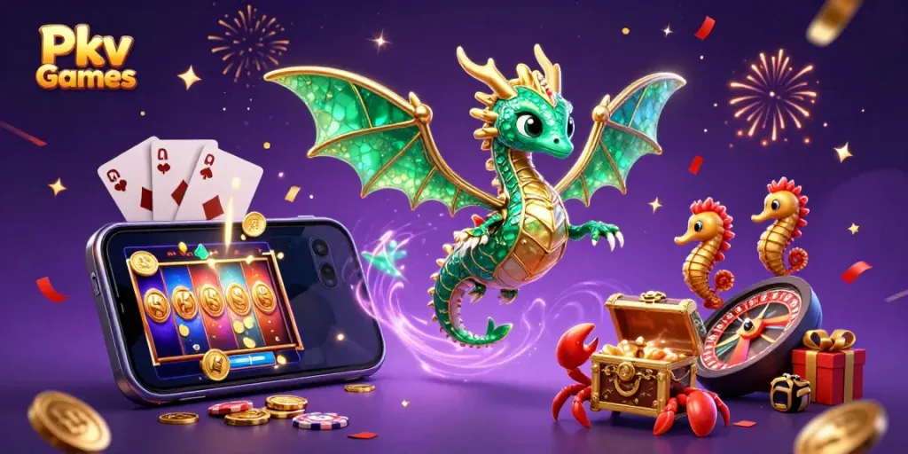 Spin winning reels with Pkv Games featuring a vibrant treasure scene of fantasy creatures.