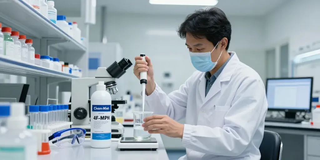 Chem-mist 4F-MPH Spray in a professional laboratory setting, showcasing research activities