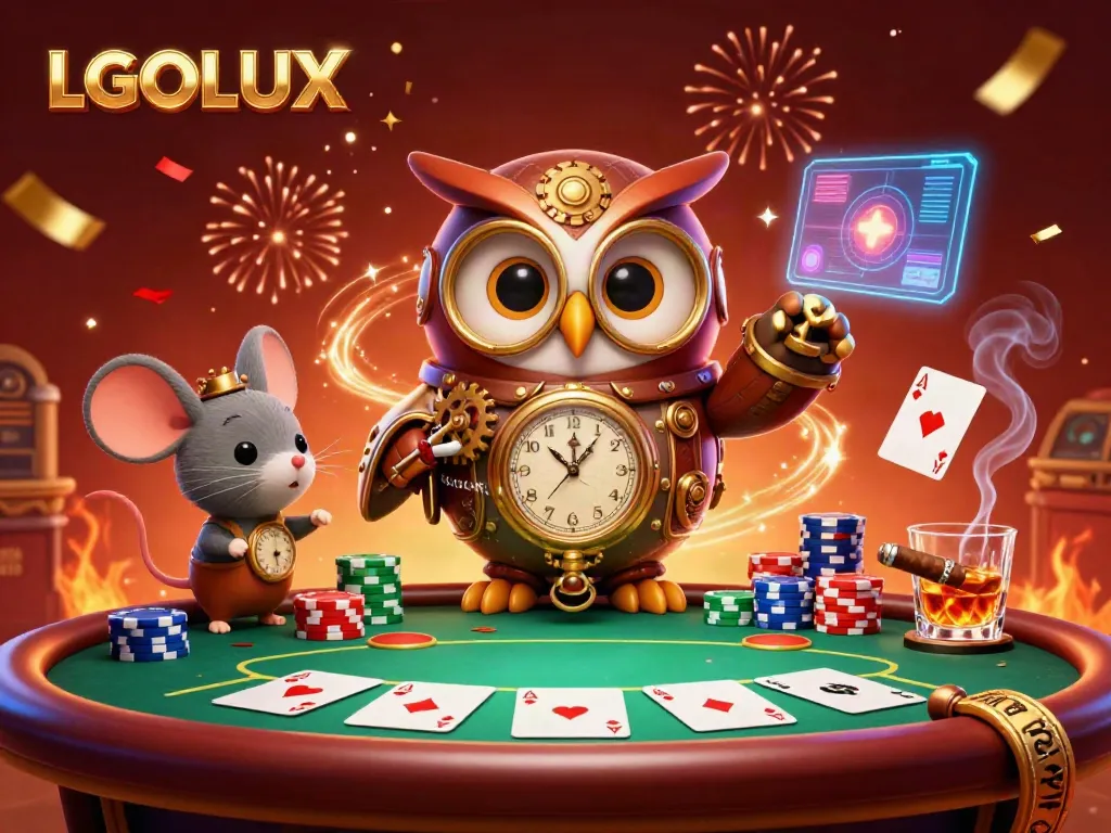Experience thrilling casino action with LGOLUX as a time-traveling owl and clockwork mouse lead a vibrant gaming scene.