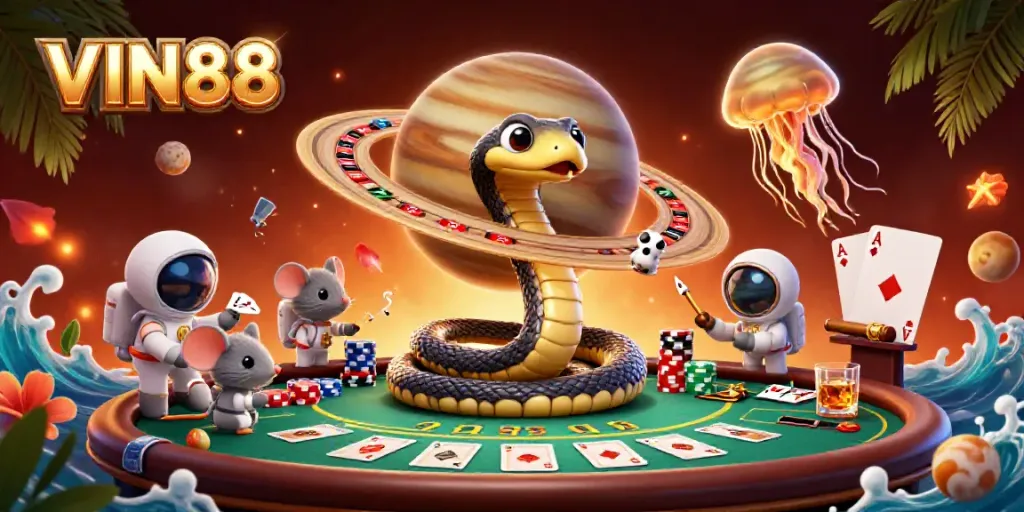 Experience the thrill of betting at VIN88, where cosmic characters and vibrant casino elements collide.