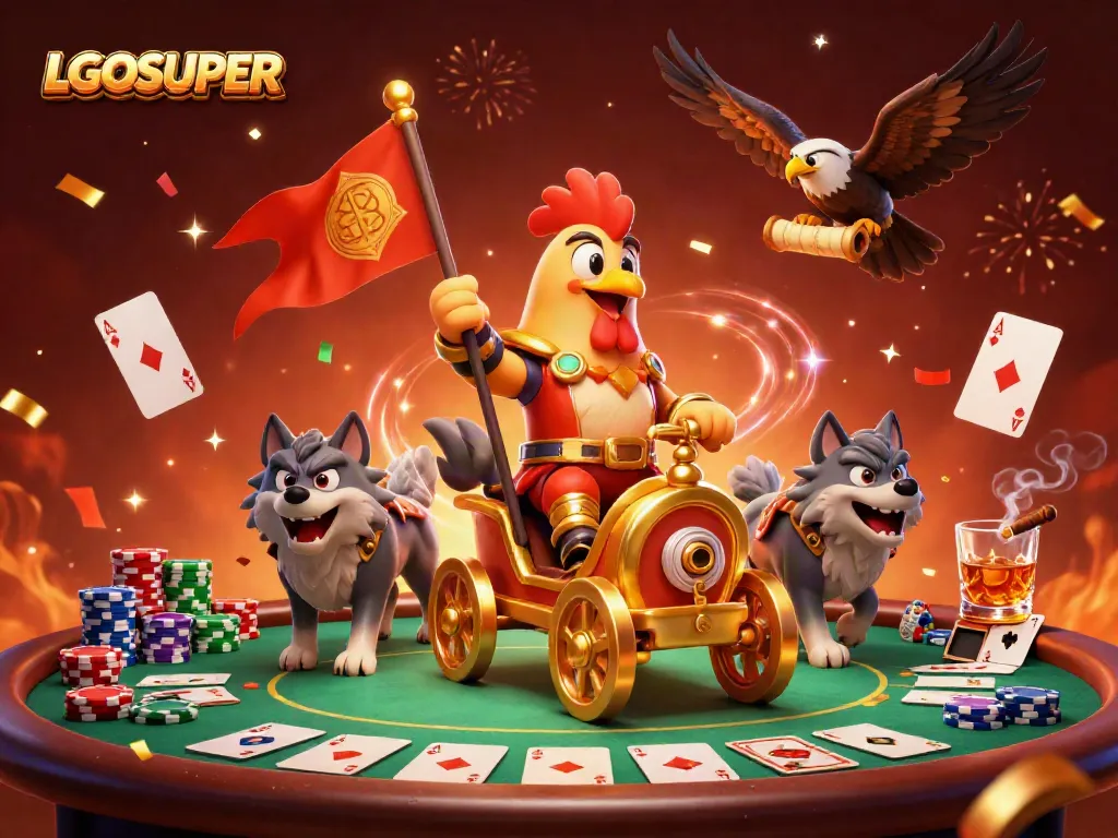Experience LGOSUPER with a thrilling gaming scene featuring a rooster warlord, poker action, and festive effects.