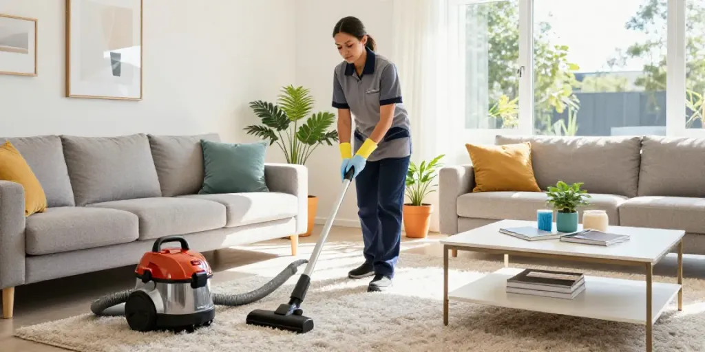 House cleaning in Melbourne with a professional cleaner dusting a bright living room.