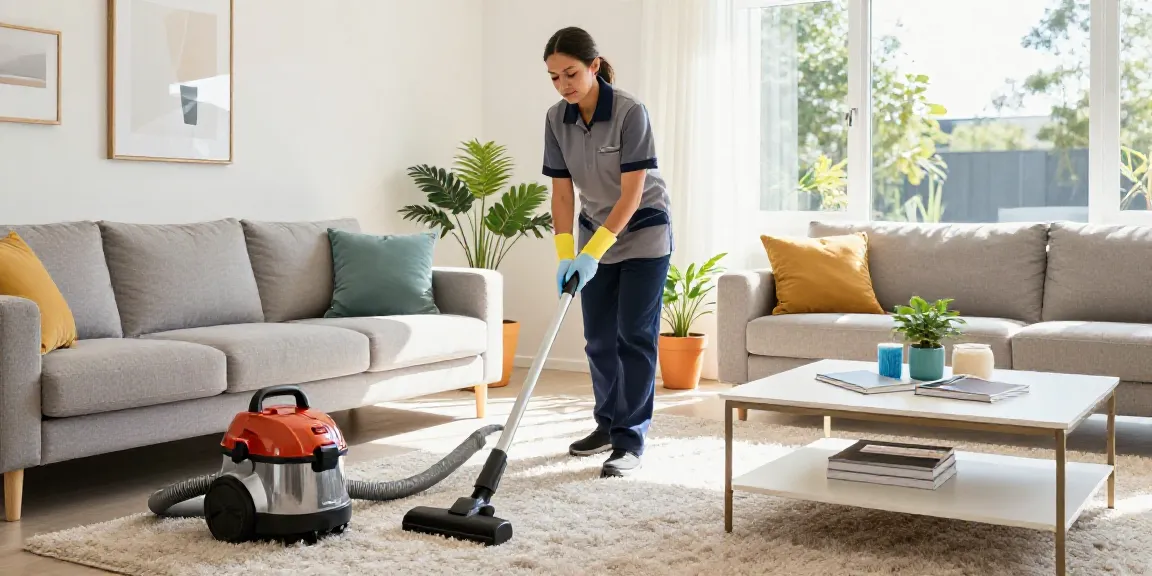House cleaning in Melbourne with a professional cleaner dusting a bright living room.