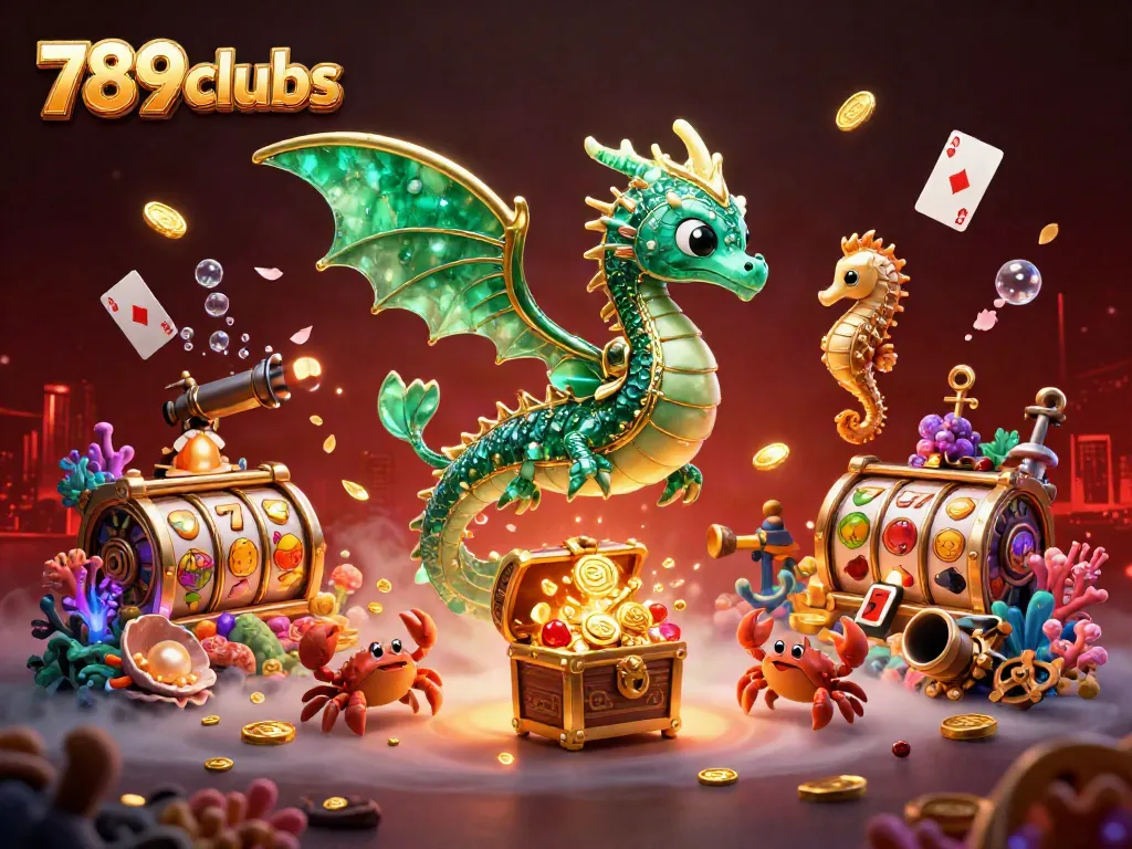 Engage in thrilling adventures with 789clubs, led by an emerald sea dragon amidst glowing treasures and rich casino elements.