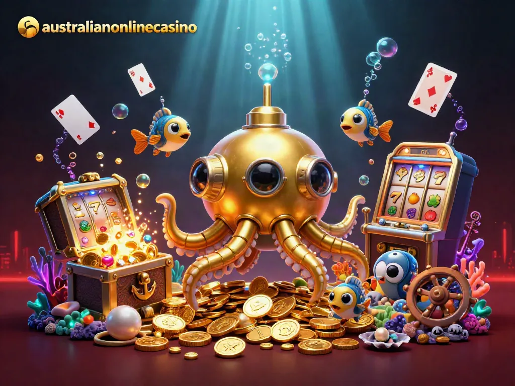 Engage with the vibrant australianonlinecasino scene featuring a golden kraken submarine amidst winning slots and treasures.