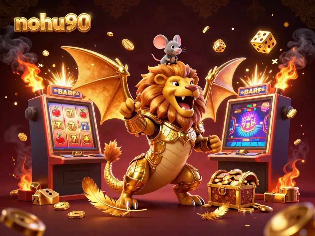 Experience the thrilling jackpot action with nohu90, featuring dynamic slots and a roaring chimera in a vibrant casino scene.