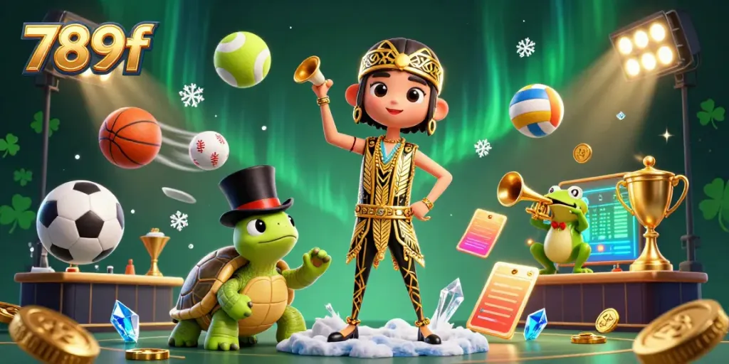Experience dynamic sports betting action with 789f's thrilling 3D illustration, featuring vibrant casino characters.