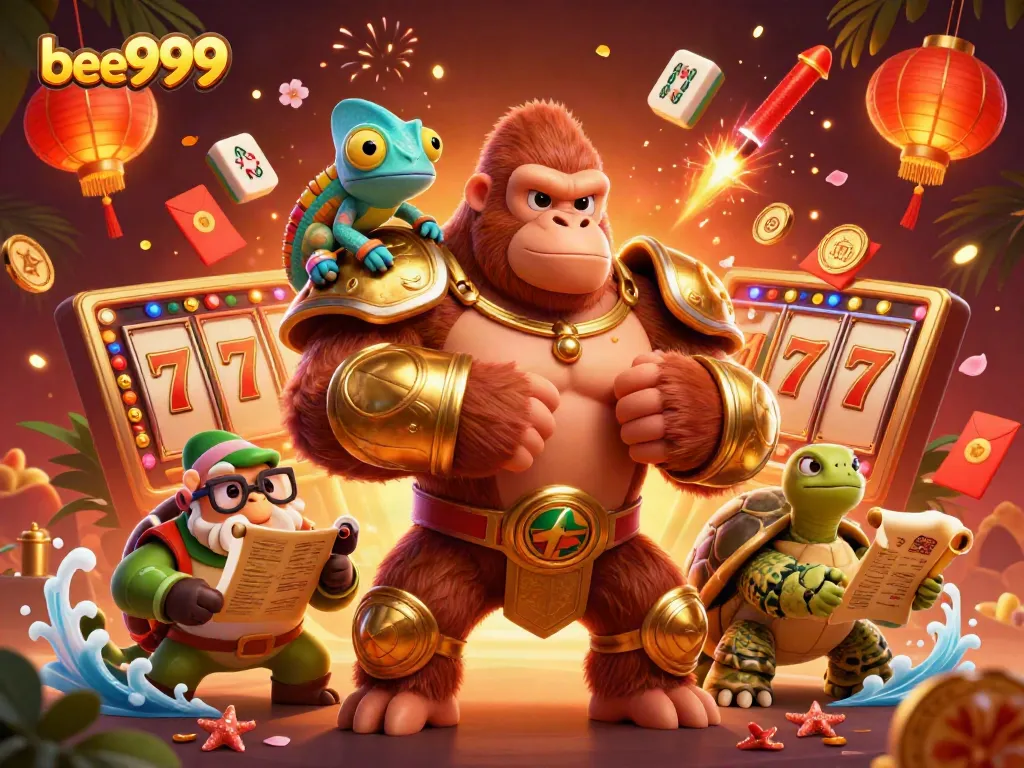 Engage with the exciting world of bee999 featuring a dynamic scene of a powerful gorilla king and exciting casino elements.