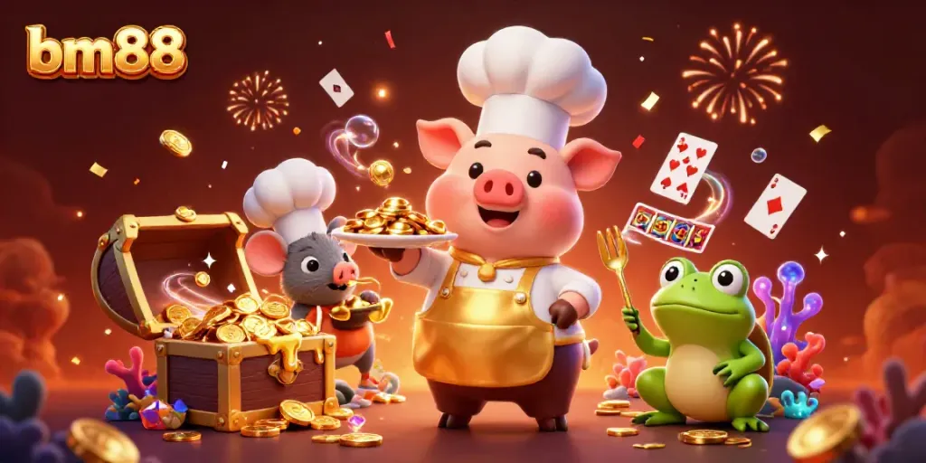 Experience excitement with bm88's colorful casino scene, featuring gourmet coins, cards, and dynamic characters.