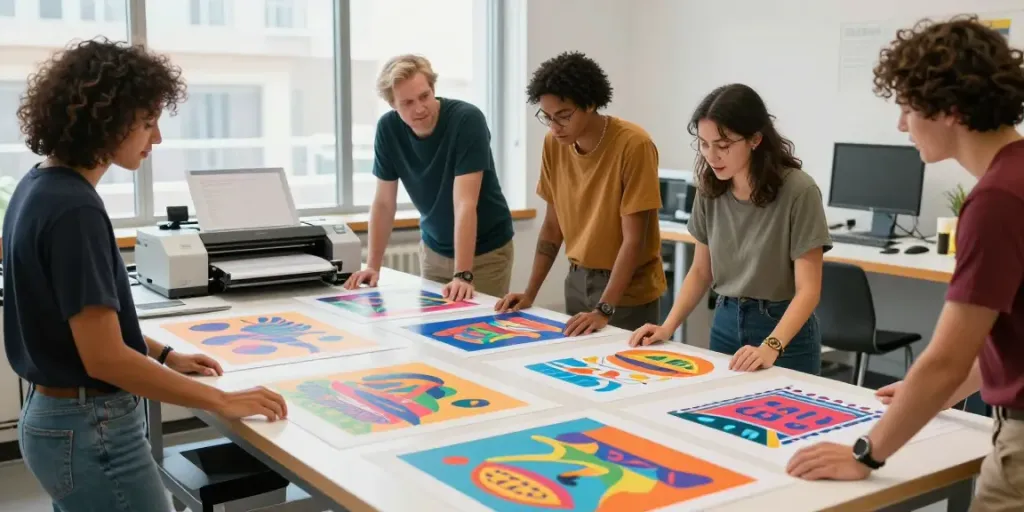 Custom DTF gang sheet designs being created in a vibrant printing studio.