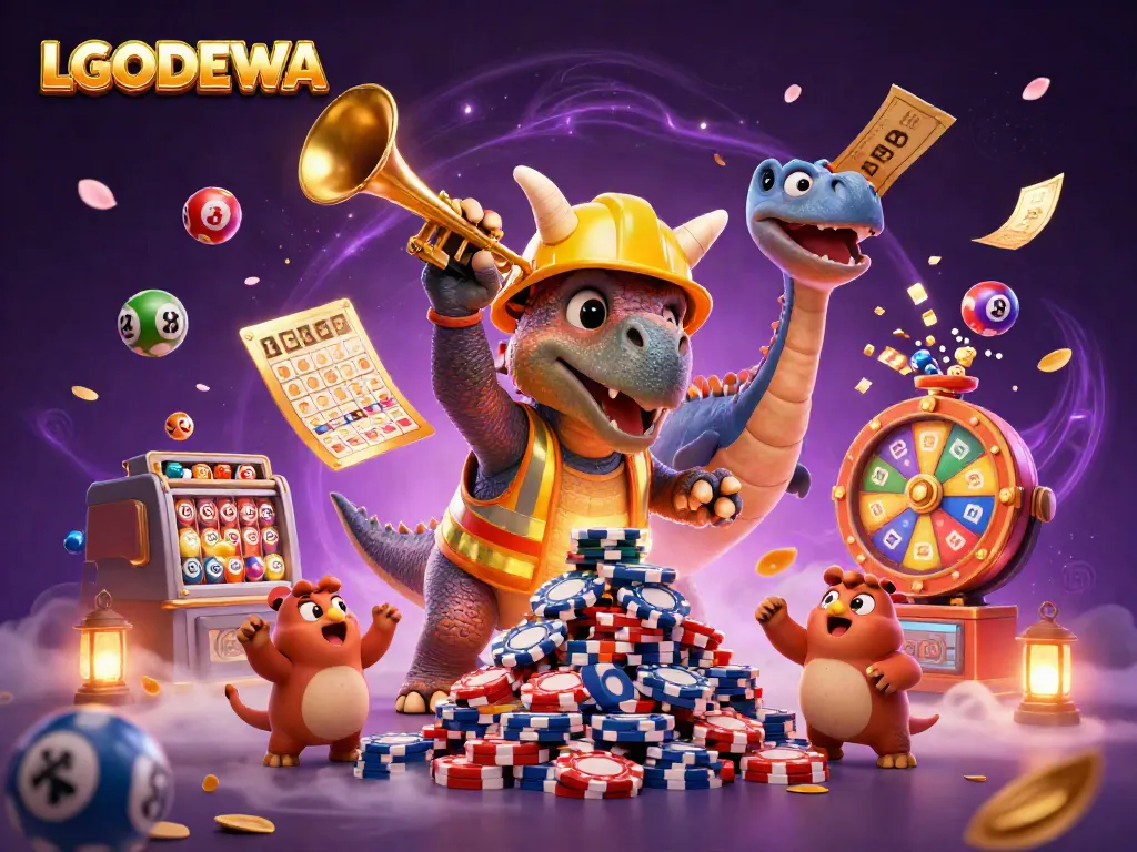 Engage with LGODEWA's vibrant gaming scene as triceratops builds poker chip pyramid amidst celebrating dinosaurs.