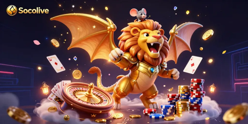 Socolive showcases a triumphant chimera in golden armor amidst dynamic casino elements, symbolizing vitality.