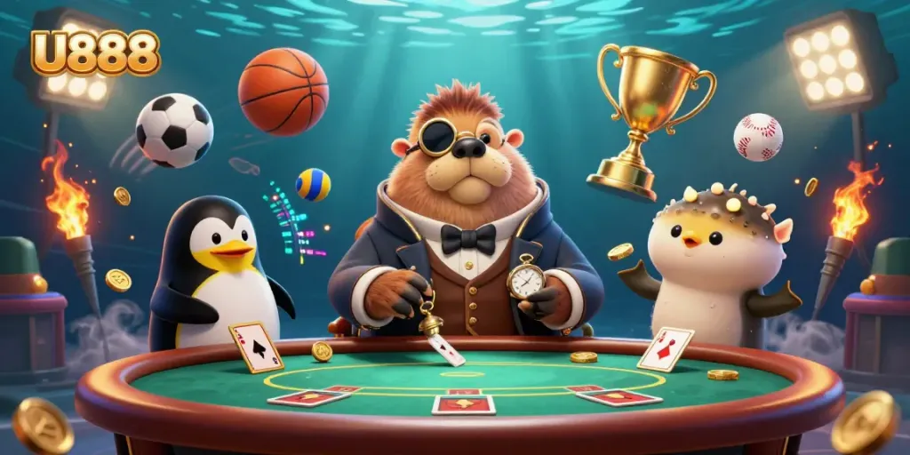 U888 offers players a unique underwater poker experience featuring a walrus, dealer penguin, and pufferfish player.