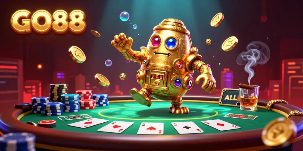 Engage with GO88's dynamic gaming experience featuring a golden golem, poker elements, and vibrant hues.