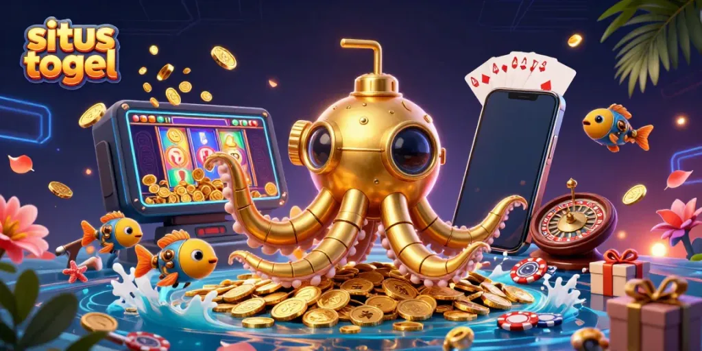 Experience thrilling situs togel adventures with a golden kraken submarine and vibrant casino elements.
