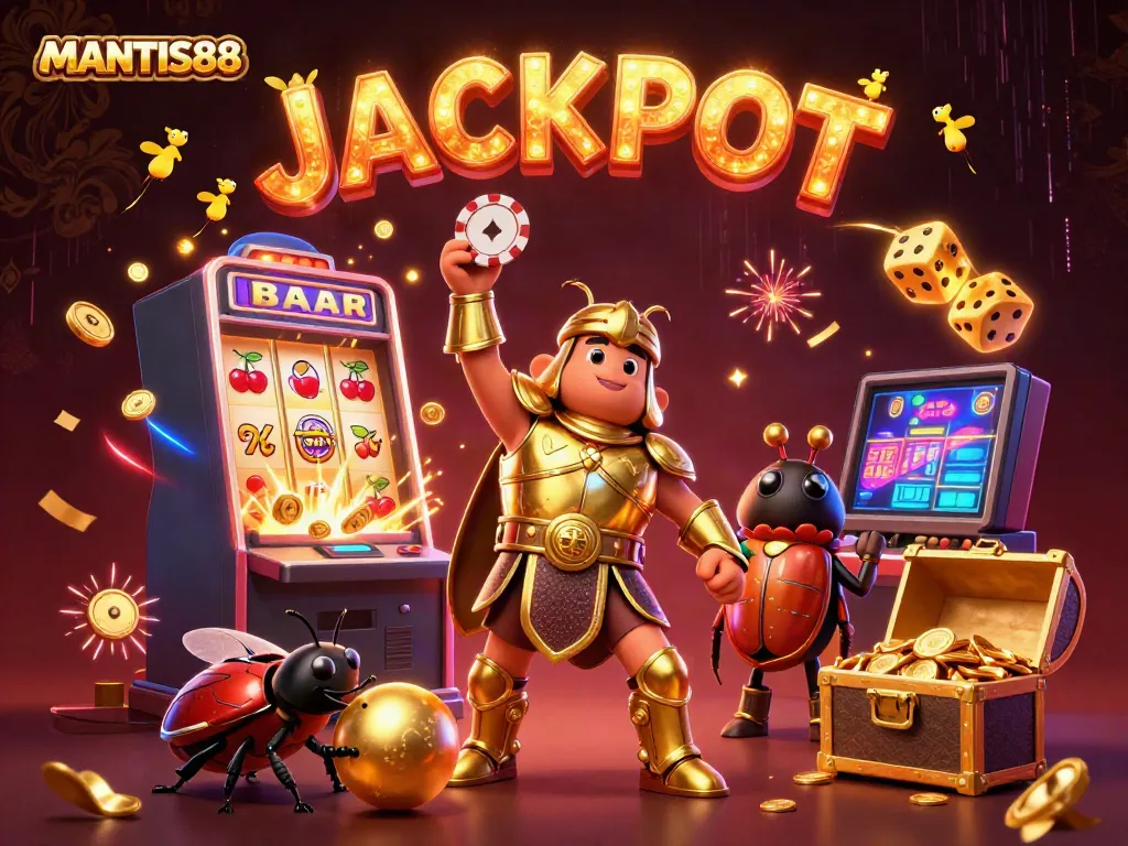 MANTIS88 features a heroic 3D beetle celebrating a jackpot, surrounded by vibrant casino elements.