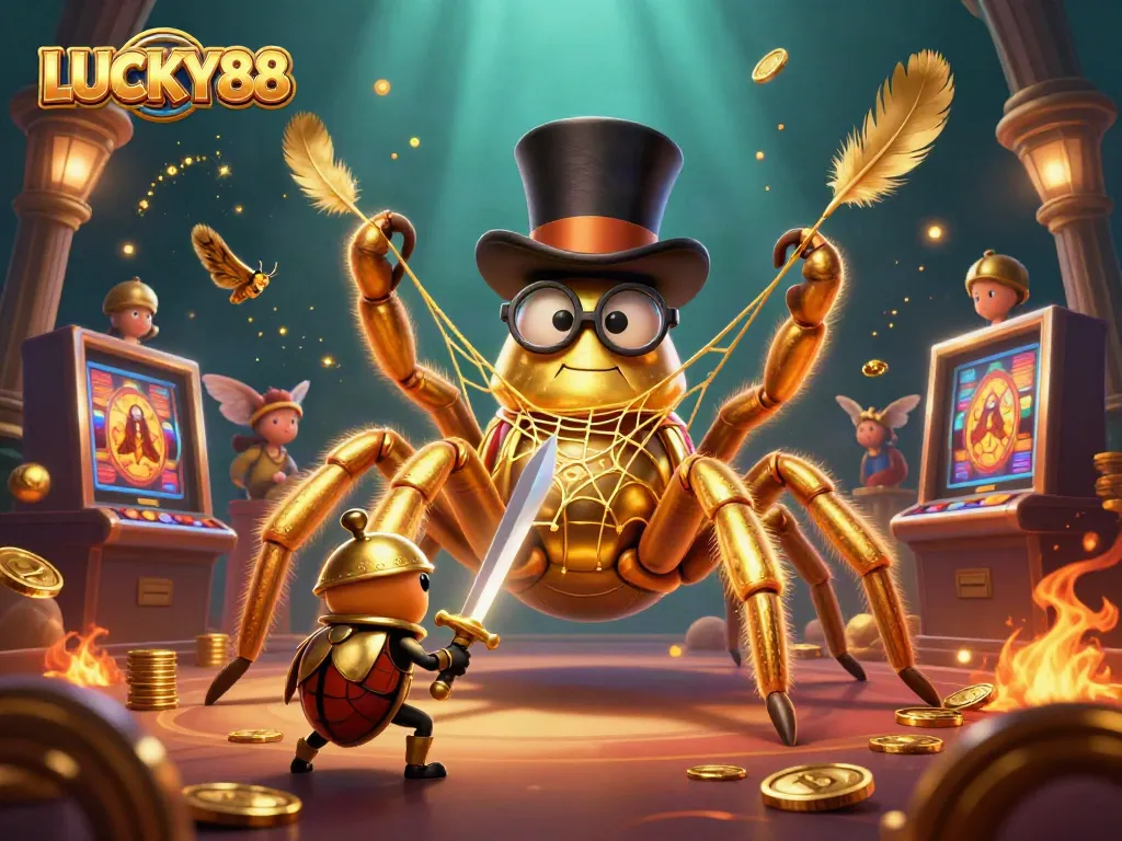Engage with LUCKY88 as a golden tarantula weaves luck into a vibrant casino scene.