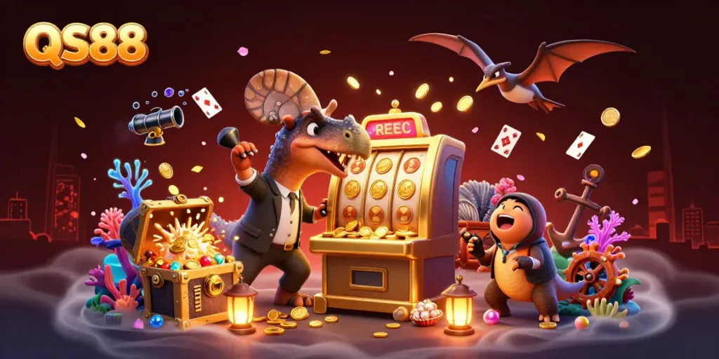 QS88 features a comic scene of a dinosaur winning at a slot machine, capturing the excitement of gaming.