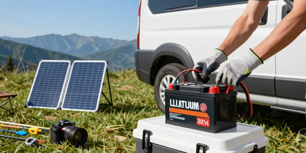 Setting up a 12v lithium battery for outdoor adventures, showcasing safety and efficiency.