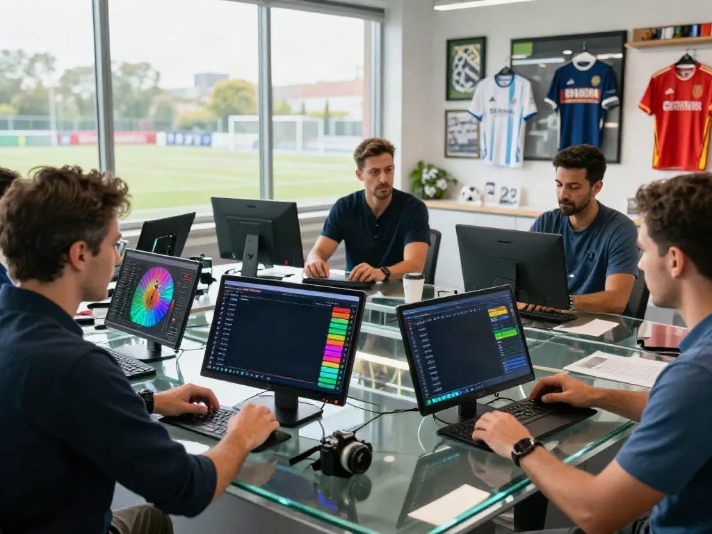 Analysts discussing TOP10FOOTBALL rankings in a modern sports studio.