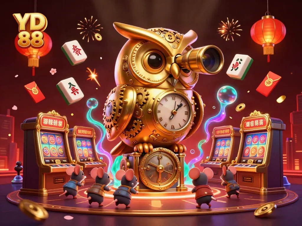 YD 88 features a cartoon owl scanning vibrant casino action with golden elements.