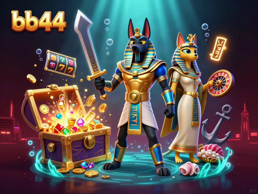 Engage in exciting casino gameplay with bb44, featuring Anubis and Bastet among dynamic slot reels and treasures.