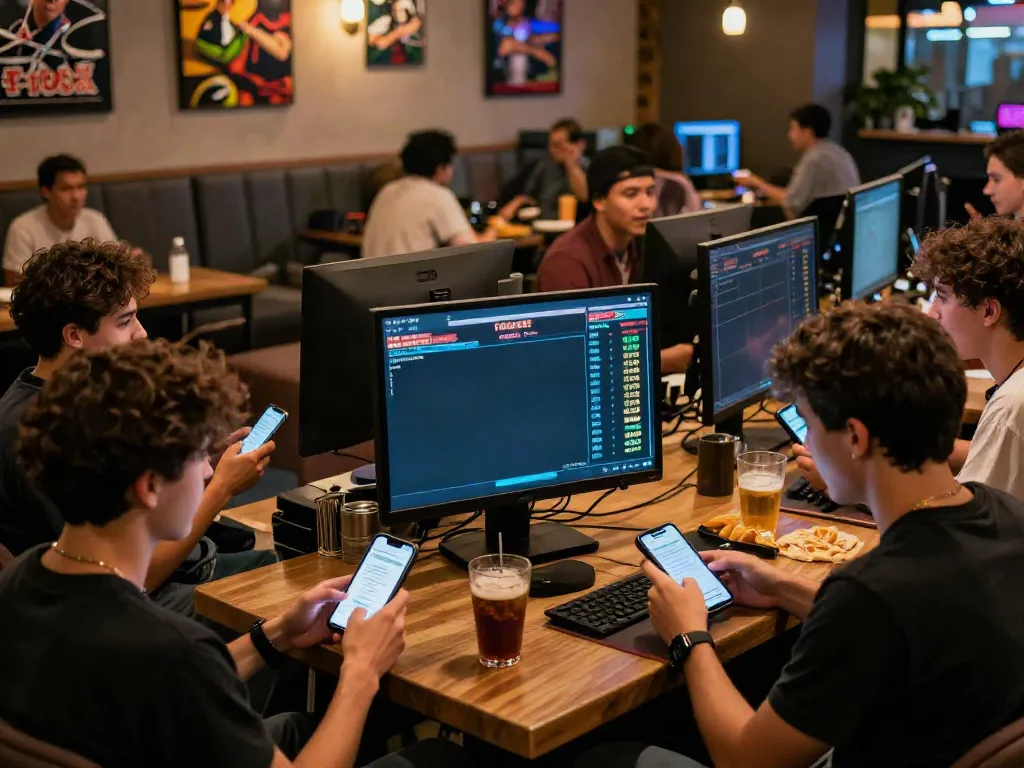 Friends enjoying Totobet games in a lively betting lounge, engaging with screens.