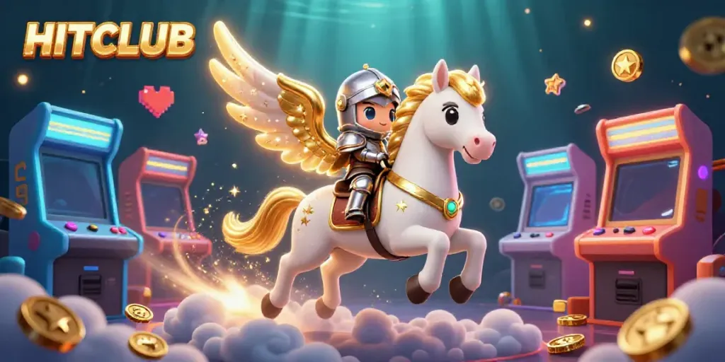 Experience adventure in HITCLUB with a knight and celestial horse amidst gaming elements.