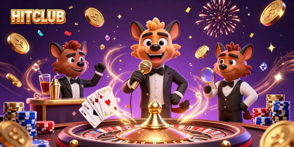 Experience the vibrant HITCLUB casino scene with hyenas, golden coins, and festive energy.
