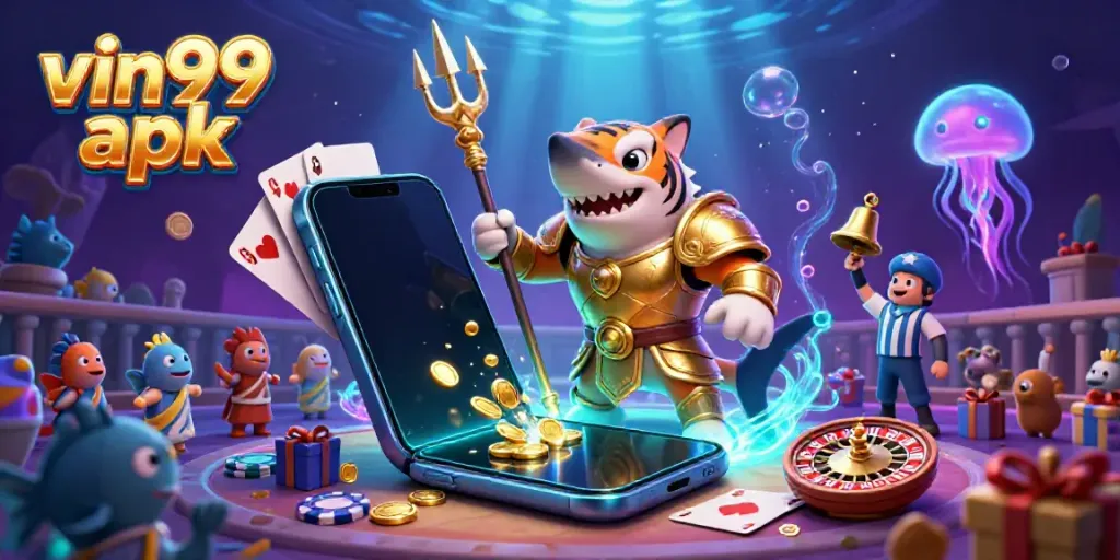 Engage with the thrilling world of gaming featuring vin99 apk on a vibrant underwater scene with dynamic casino elements.