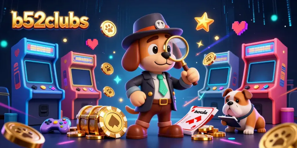 B52clubs promotional illustration featuring a detective bloodhound uncovering clues in a vibrant casino game scene.