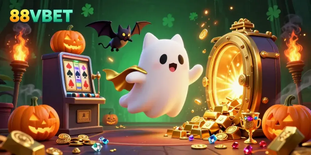 Engage with the 88VBET gaming experience featuring a ghost cat and treasures in a haunted casino.