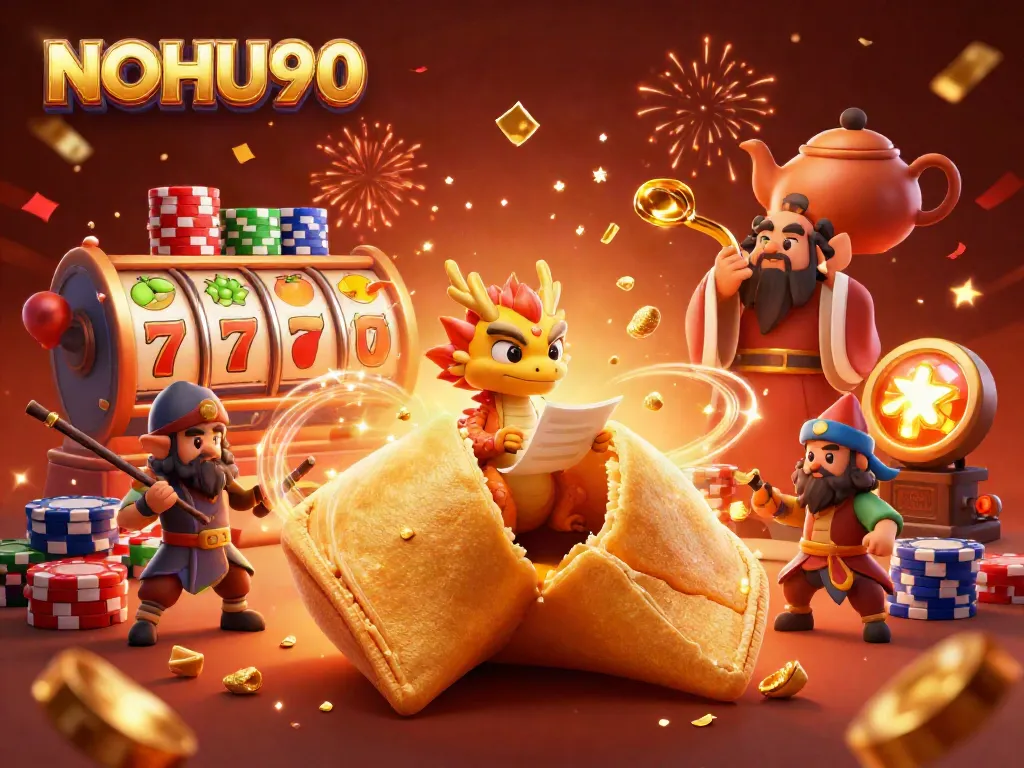 Engage with NOHU90's gaming scene as a golden fortune cookie reveals secrets amidst vibrant slots and poker excitement.