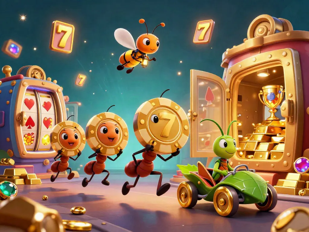 Ants on a heist with a giant slot chip, surrounded by jackpot elements, treasures and sparkling lights.