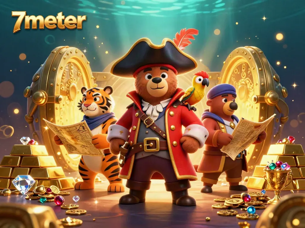 Engage with the thrilling adventure of 7meter, featuring a pirate bear and tiger with treasures.