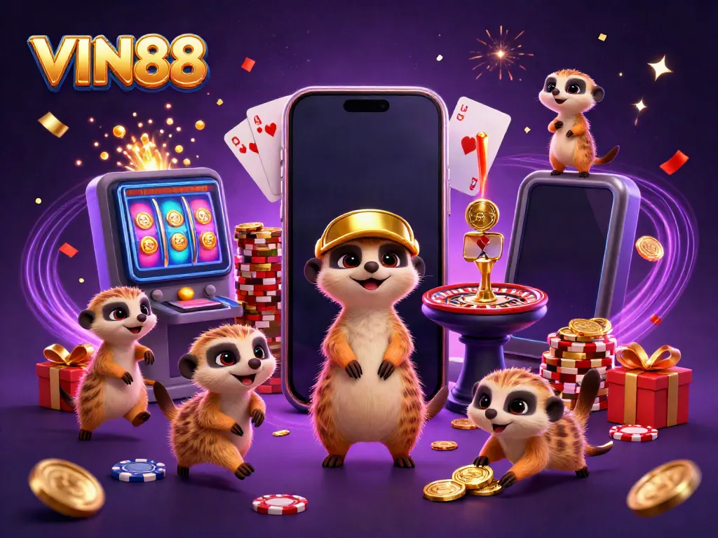 Experience the thrilling world of VIN88 with playful meerkats managing a vibrant casino.