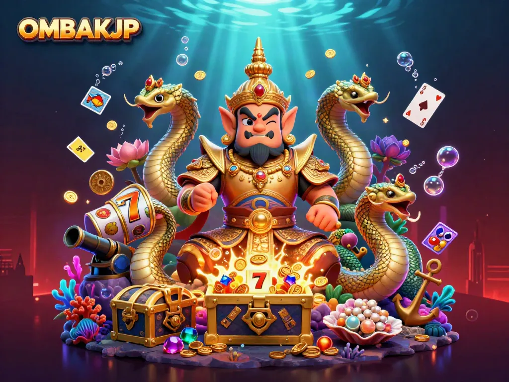 Engage in thrilling gameplay with OMBAKJP amidst gold coins and vibrant casino elements.
