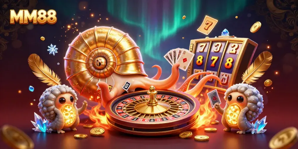 Engage with MM88 in this dynamic 3D casino scene showcasing a nautilus roulette wheel and vibrant game elements.