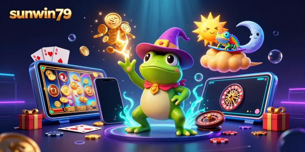 Experience the excitement of sunwin79 with a vibrant 3D illustration featuring a wizard frog and a chameleon amidst golden coins and gaming elements.