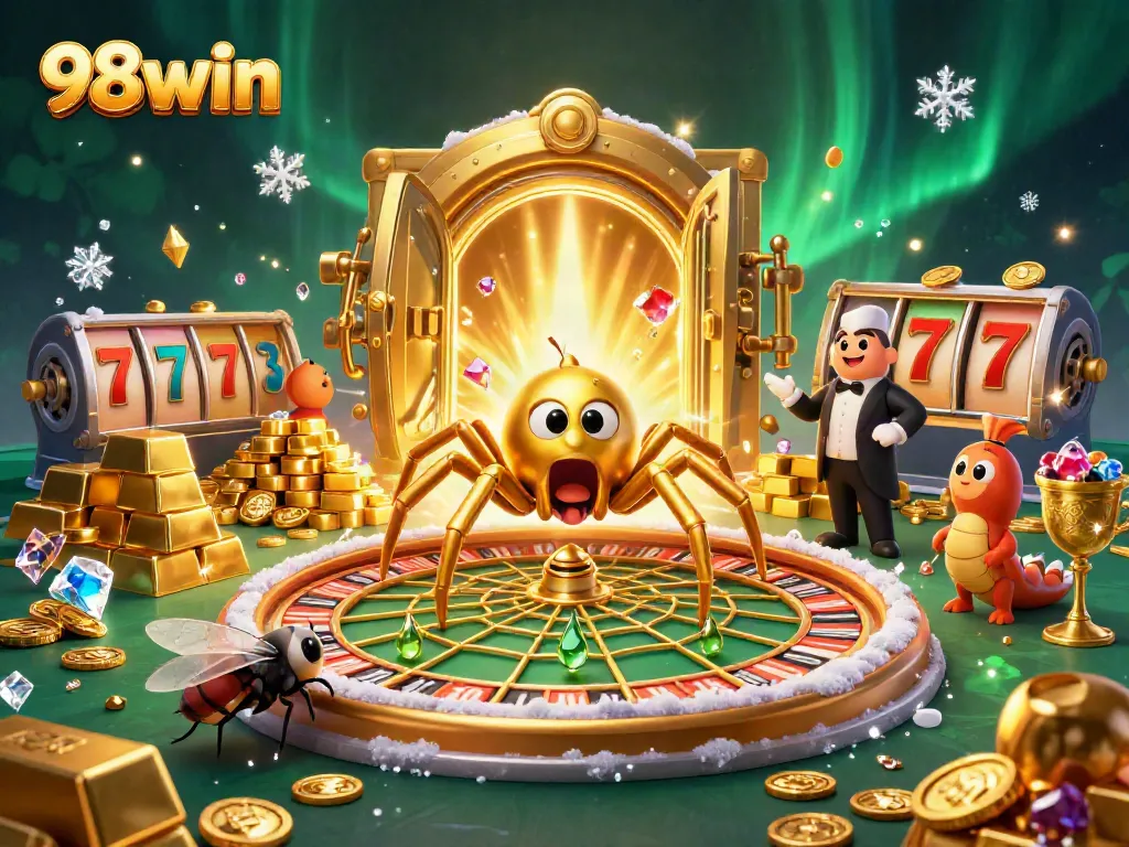 Experience the thrill of 98win with a golden spider, roulette wheel, and oceanic treasures.