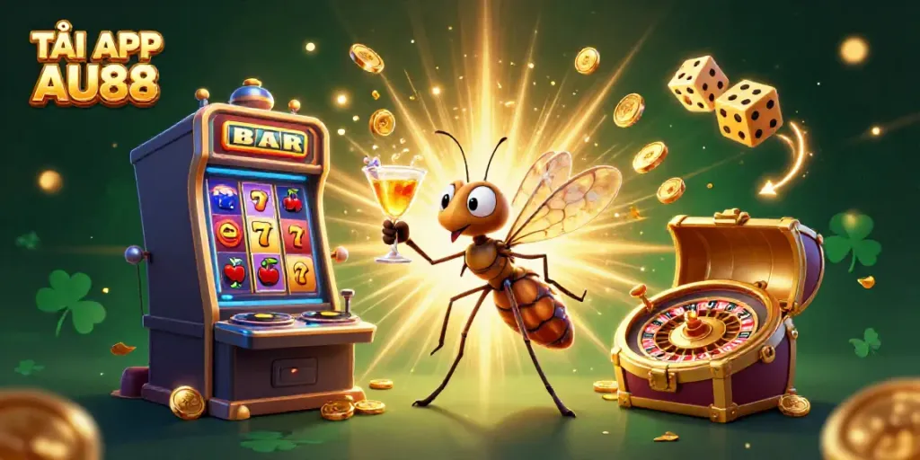 TẢI APP AU88 - Experience a vibrant casino atmosphere with engaging game symbols and lively characters.