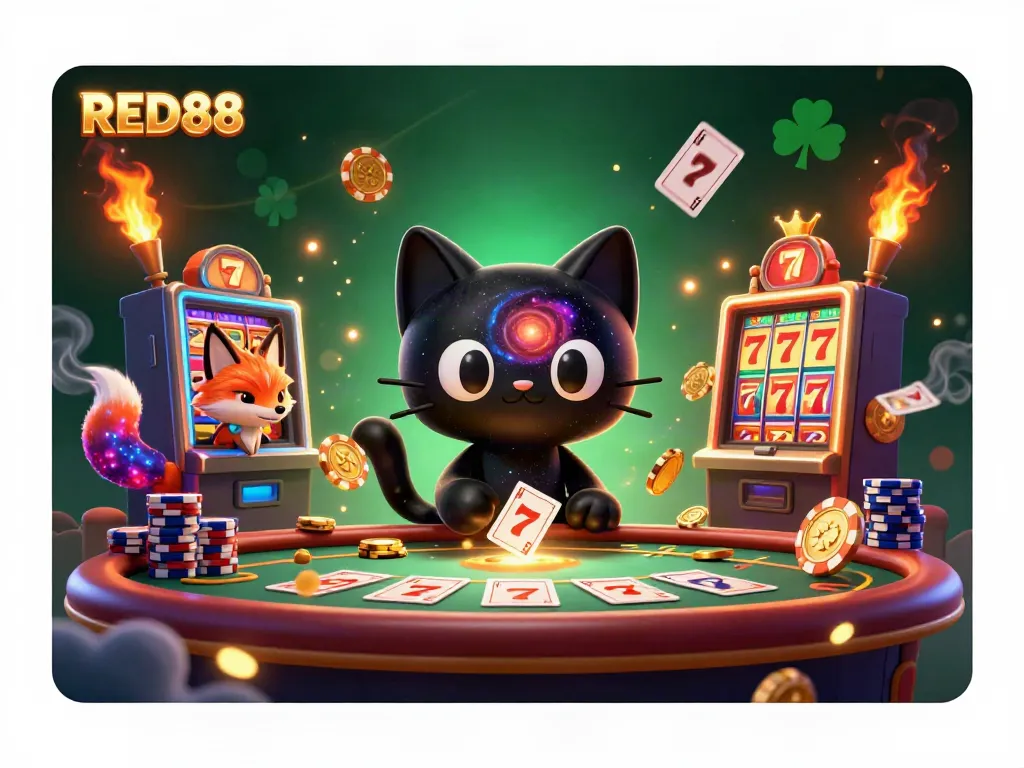 Experience the vibrant energy of RED88 with a 3D cosmic casino scene featuring a black hole cat and nebula fox