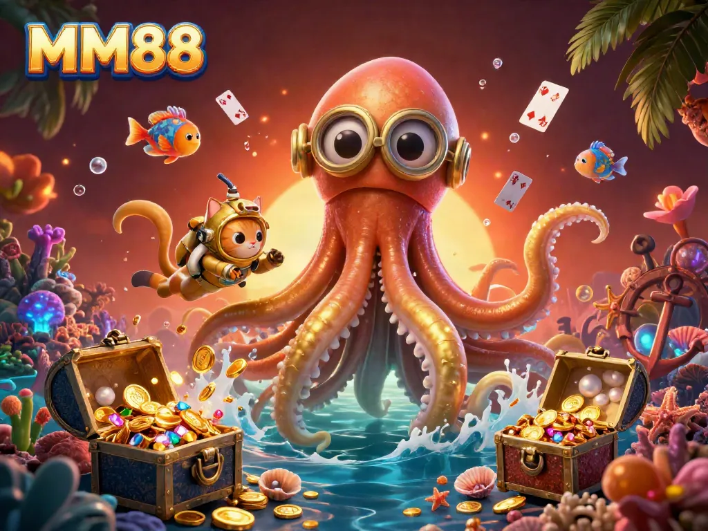 Engage with MM88's exciting casino world featuring a vibrant kraken and treasures.