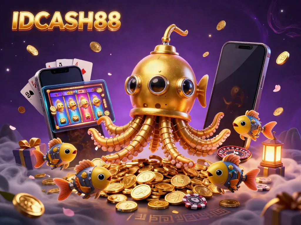 Experience high-quality gameplay with IDCASH88 in this dynamic 3D casino illustration featuring a golden kraken, slots, and coins.
