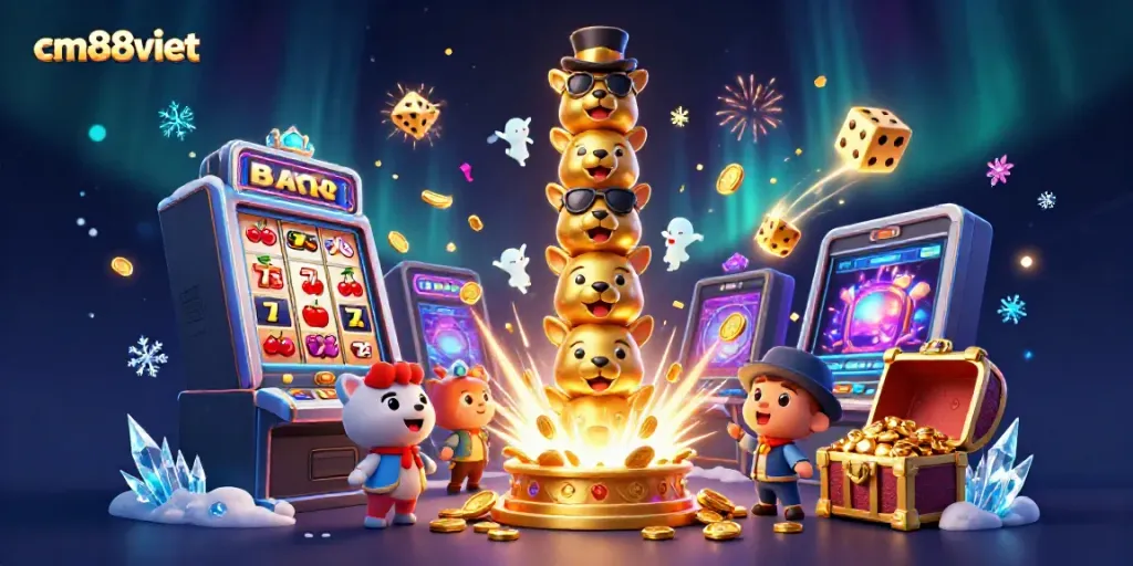 Experience the thrill of winning at cm88viet with a colorful slot machine and totem characters.