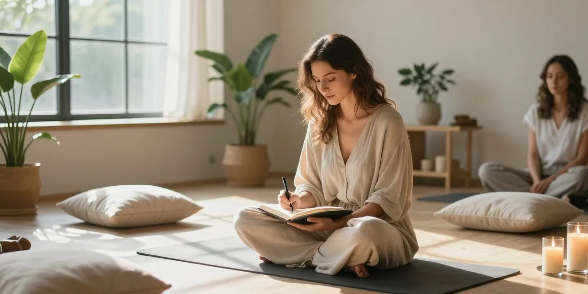 Woman journaling in a serene studio, guided by a sexual wellness coach Riga, embodying empowerment and mindfulness.